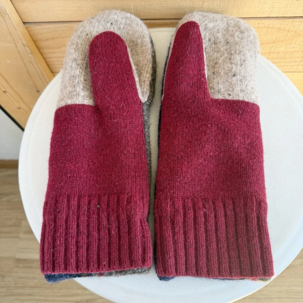 Handmade Long Mittens Up-Cycled Wool Sweaters and Fleece Lining‎ Cozy Warm